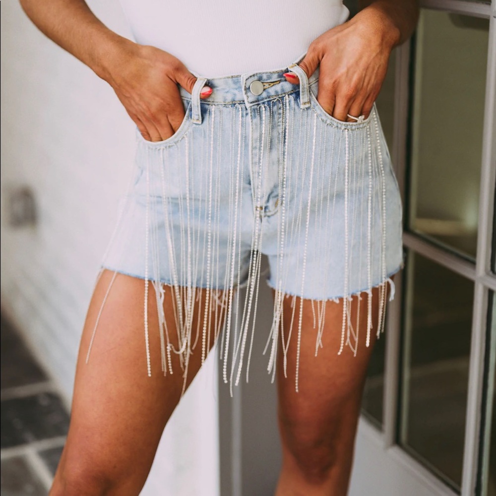 Rhinestone fringe denim shorts NWT